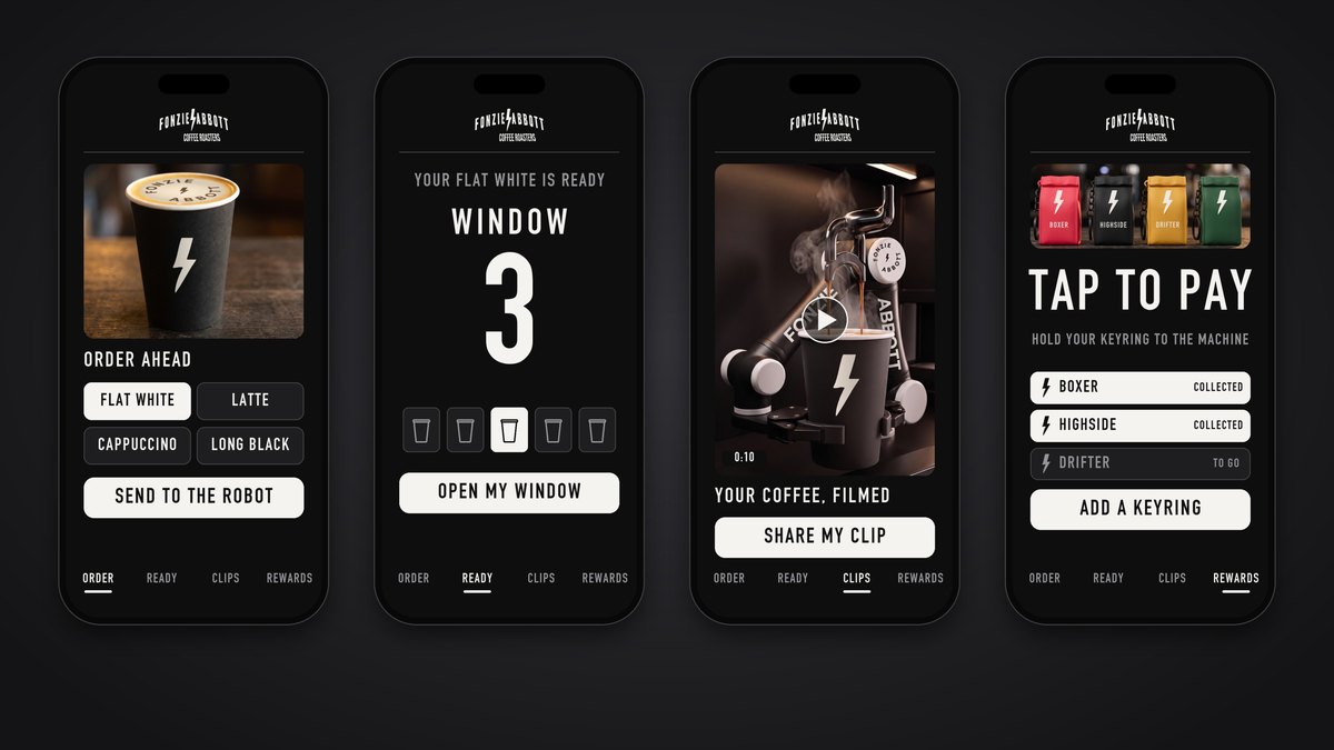 The Fonzie Abbott order-ahead app: order, your window number, the pour filmed, tap to pay, concept