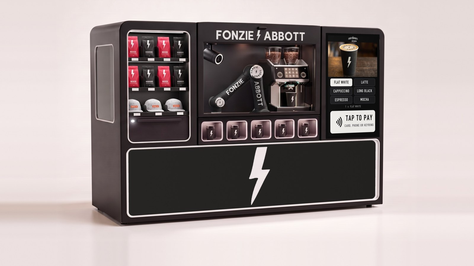 The Fonzie Abbott robot coffee kiosk in matte black, the arm behind glass, concept