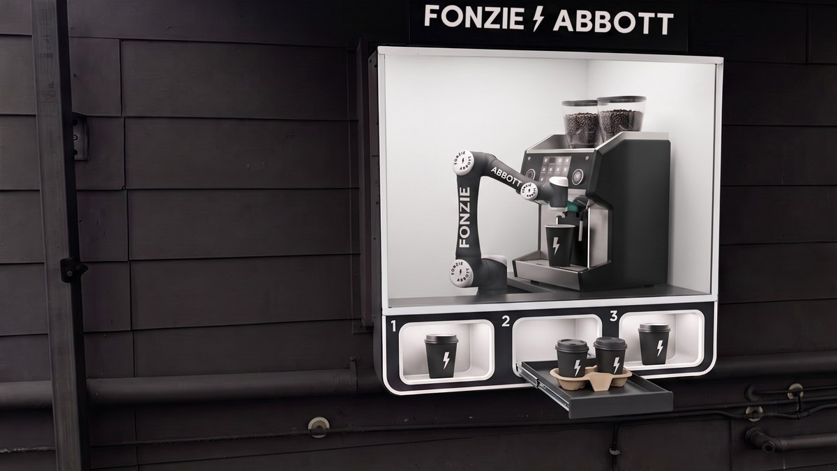 A robot coffee window set into the Fonzie Abbott shopfront at Eagle Farm, concept