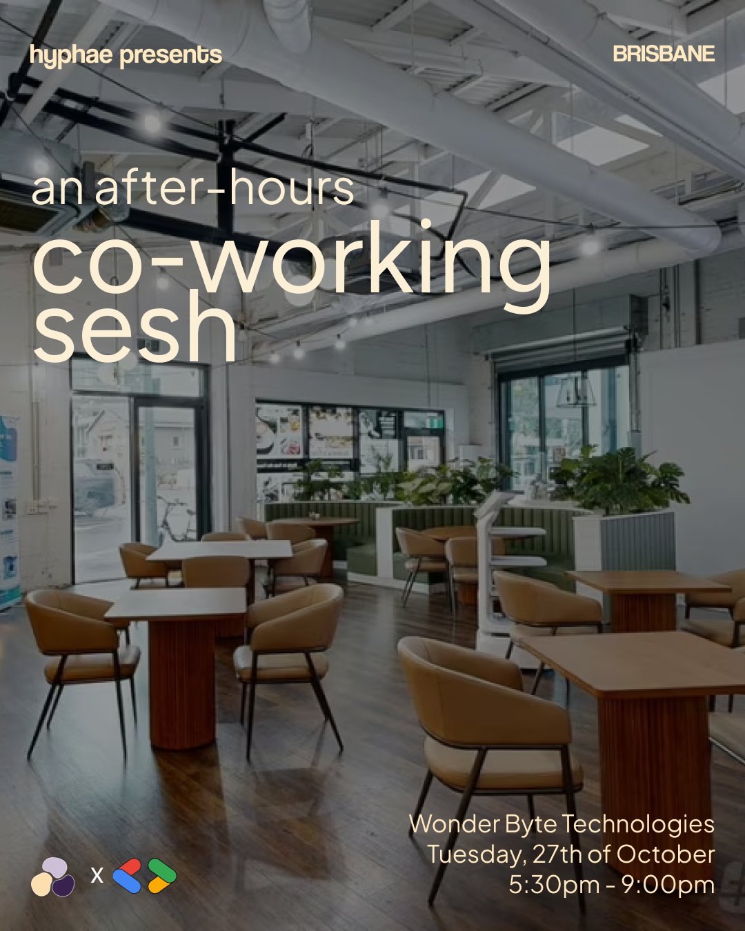 The night's poster: hyphae presents an after-hours co-working sesh, Wonder Byte Technologies, Tuesday 27th of October, 5:30pm to 9:00pm