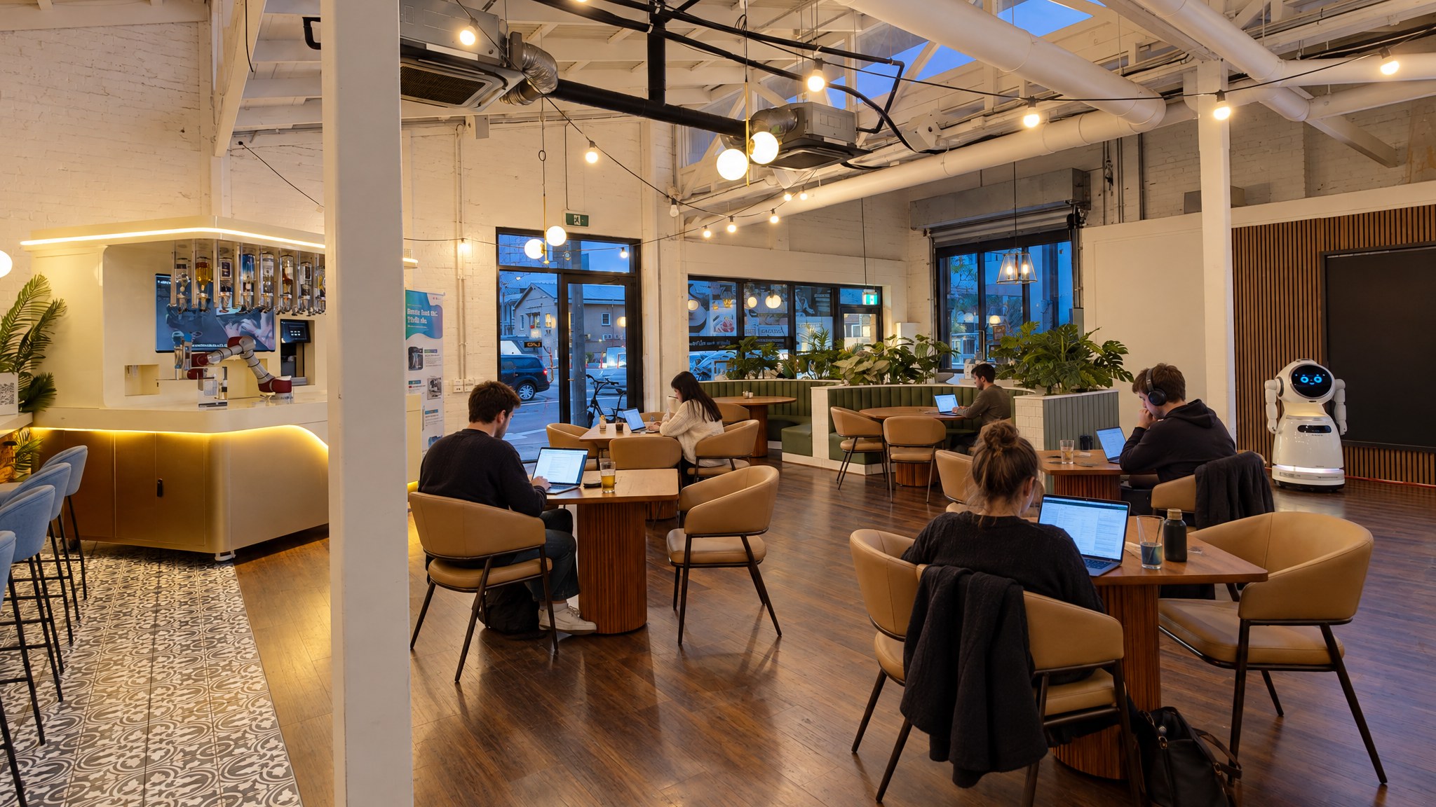 This room on a co-working night: five people at laptops, festoon lights on, dusk in the windows