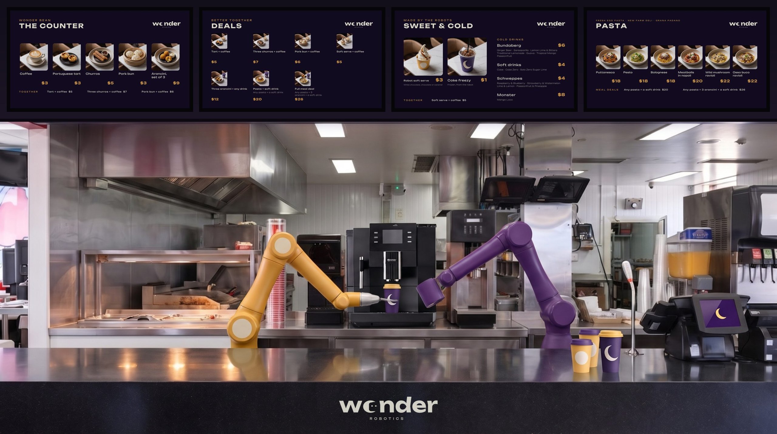 The Wonder kitchen: a yellow arm and a purple arm at the coffee machine under the menu boards, concept